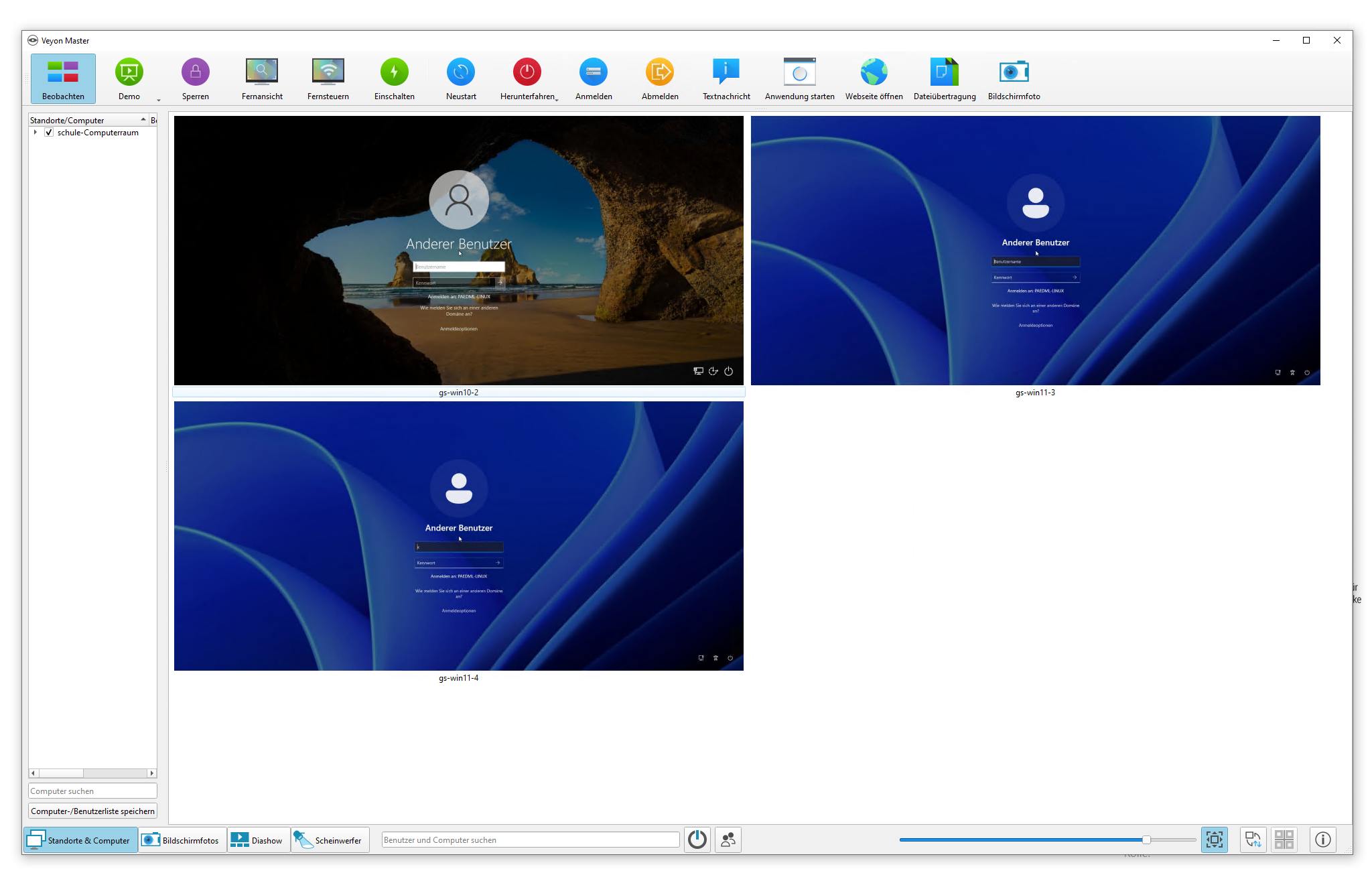 Screenshot des Veyon Master unter paedML Linux, zeigt Live-Ansicht von Anmeldebildschirmen mehrerer Schüler-Computer zur Überwachung im Schulnetz.