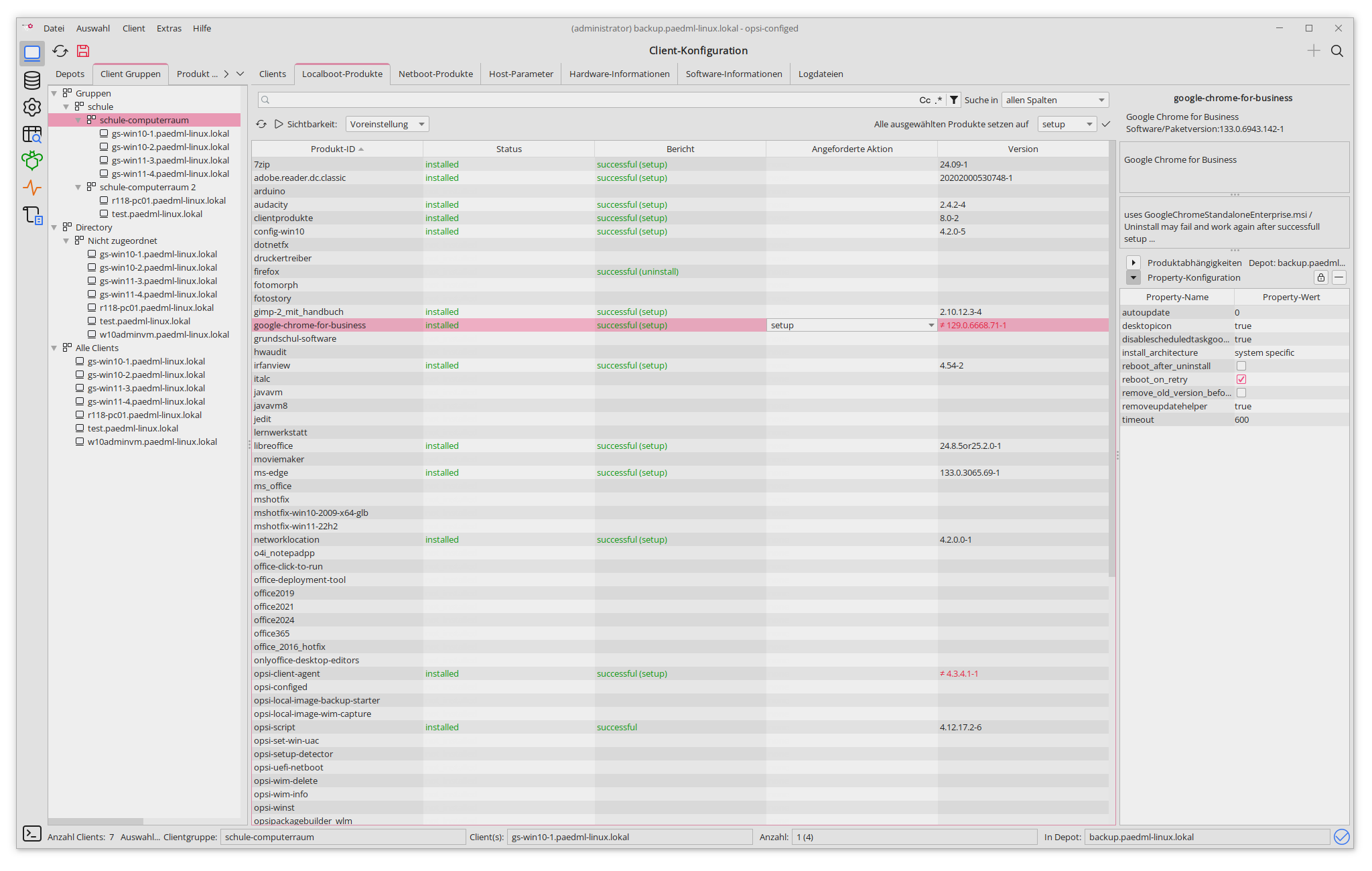 Screenshot des IT-Managementsystems OPSI Configed in paedML Linux, zeigt Software- und Clientverwaltung in einer Schul-IT-Umgebung.