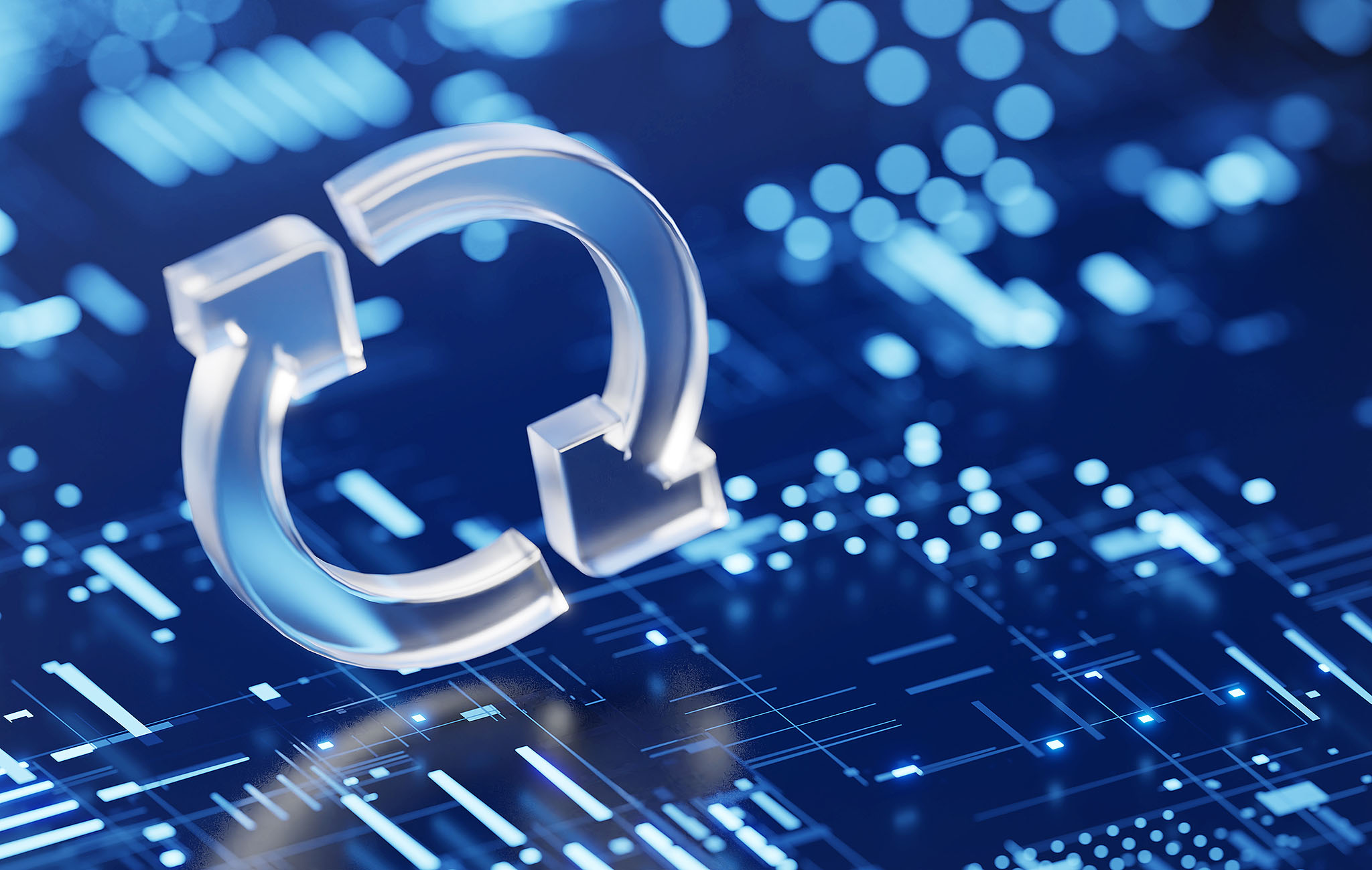 Digitales Update-Symbol vor technologischem Hintergrund – symbolisiert die Aktualisierung und Sicherheit durch den neuen Hotfix in paedML Windows